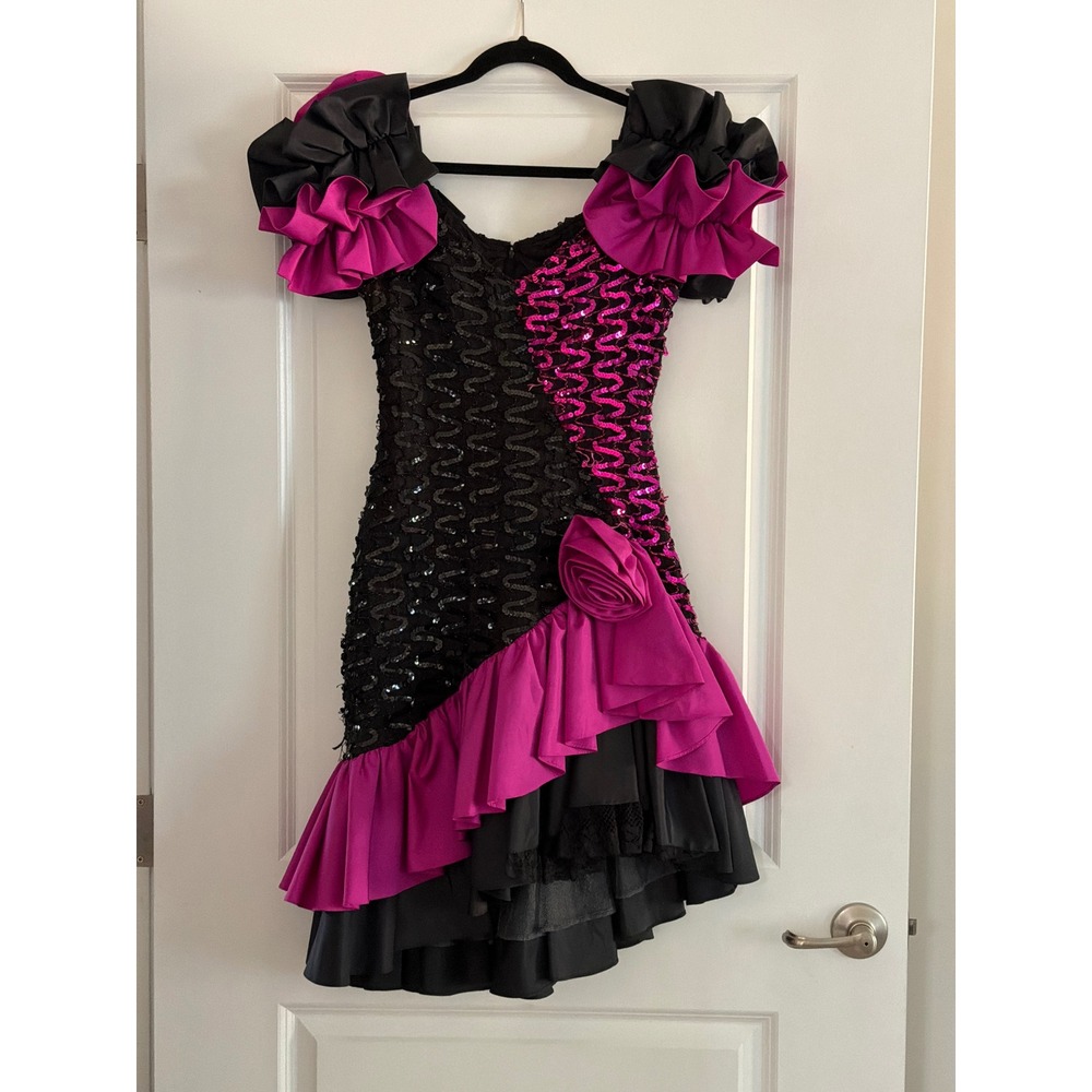 Vintage 80s Black Hot Pink Sequin Ruffle Prom Party Dress Rosette Puff Sleeve
